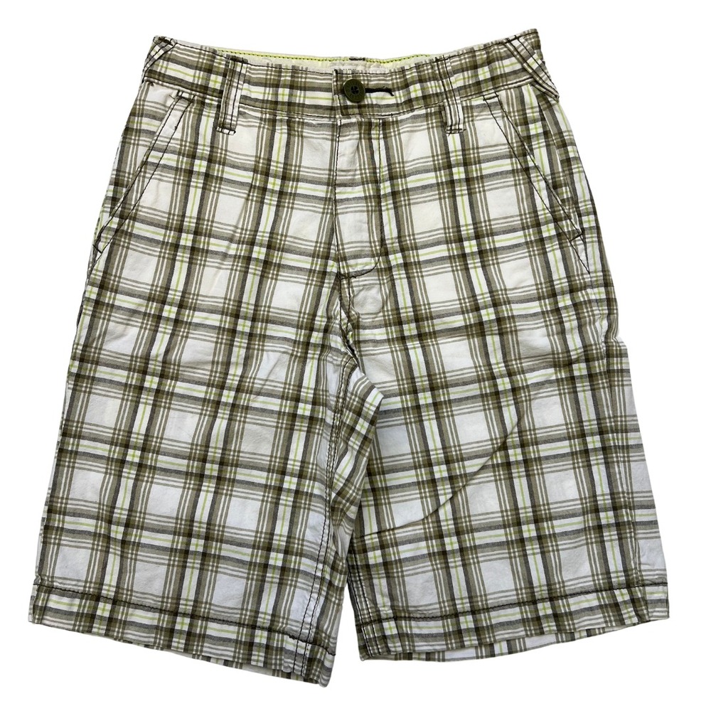 Old Navy Boy's Knee‎ Length Green Plaid Bermuda Shorts Adjustable Waist Sz 8